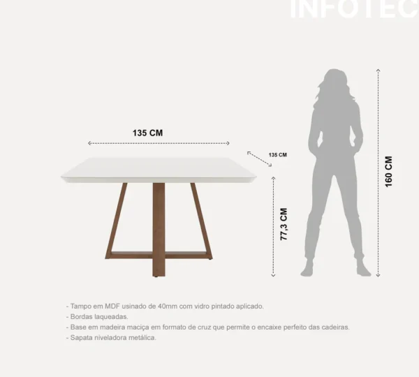 MESA BENNETT QUADRADA 1.35 C/ VIDRO PÉS AMDEIRADOS  TAMPO LAQUEADO - Imagem 3