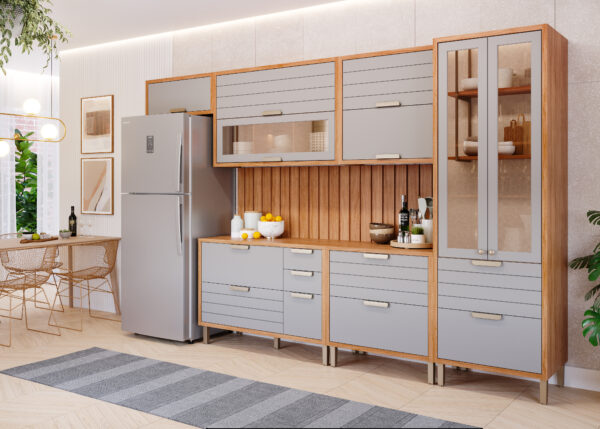 COZINHA MODULADA MG05-ELOISE COM 06 MÓDULOS COM RIPADO C/ CRISTALEIRA