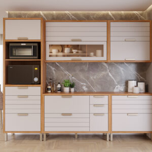 COZINHA MODULADA MG03-ELOISE COM 05 MÓDULOS RIPADO C/ TORRE QUENTE (PORTA BASCULANTE E GAVETÃO)