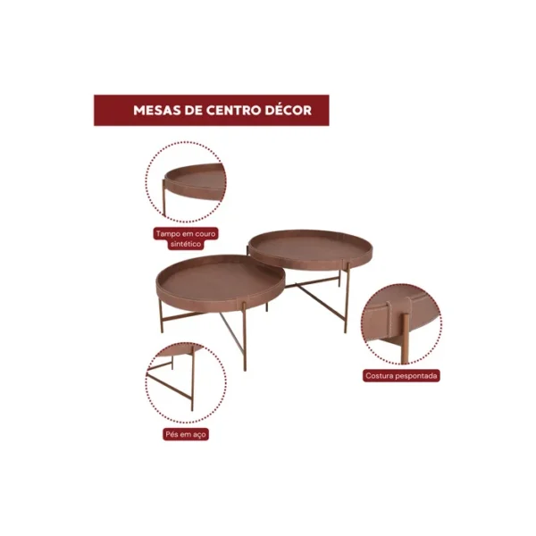 Conjunto Mesa De Centro Sala Décor 700 e 600 Pés de Metal Whisky - Imagem 3