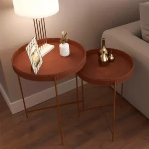Conjunto 2 Mesas Laterais Redonda Couro Sintético Decor Patrimar Marrom