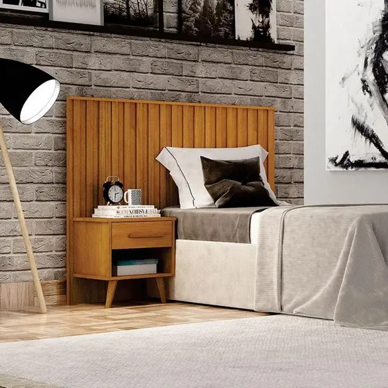 Painel Cabeceira Solteiro Milano Ripado Com Criado Cinamomo/Branco - Imagem 5