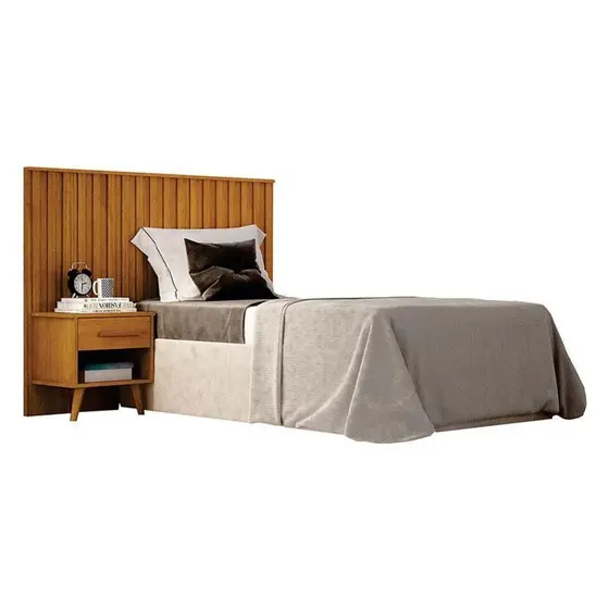 Painel Cabeceira Solteiro Milano Ripado Com Criado Cinamomo/Branco - Imagem 4