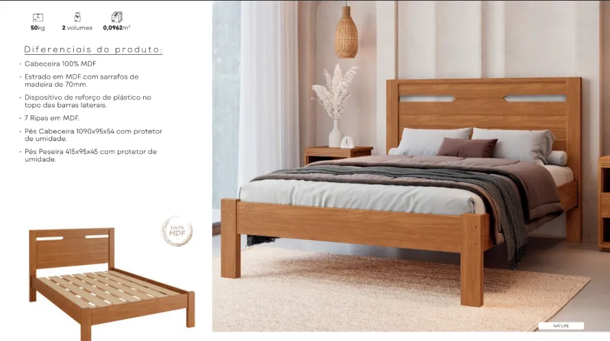 CAMA CASAL 1.40 ROMA REFORÇADA COM CABECEIRA DETELHADA E PES IPERVEAVEIS - Imagem 2