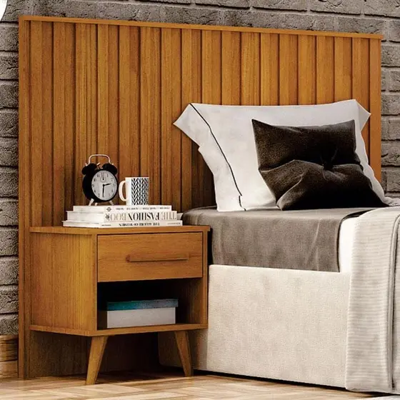 Painel Cabeceira Solteiro Milano Ripado Com Criado Cinamomo/Branco