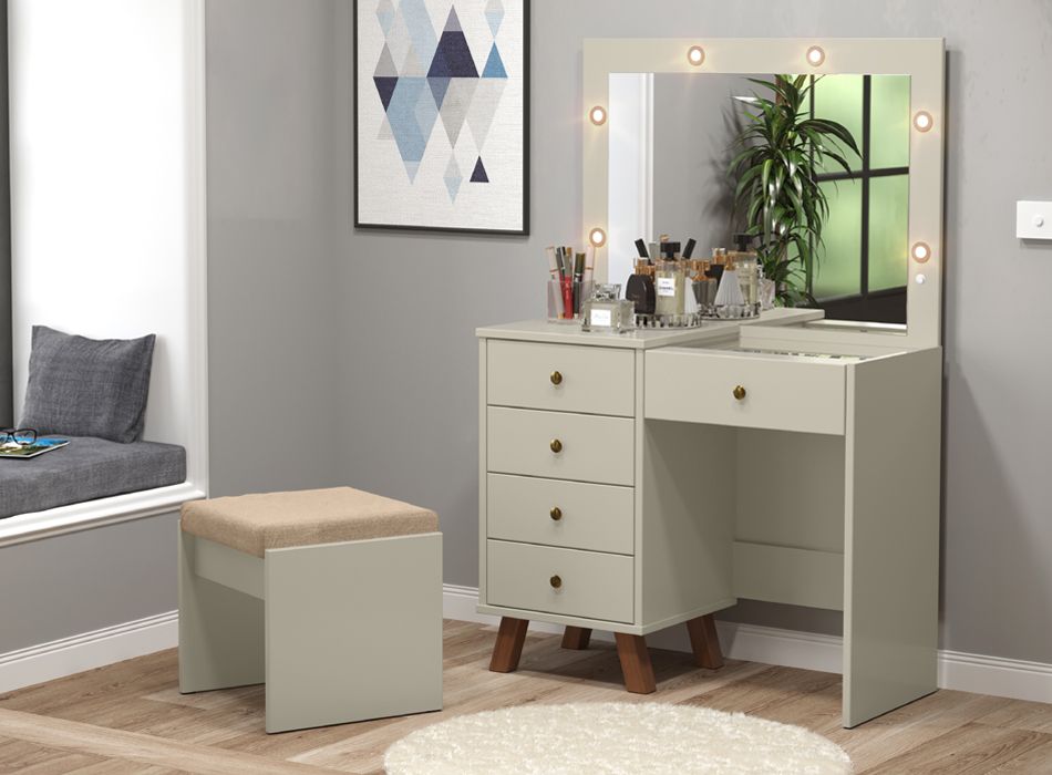 Penteadeira Mel 05 gavetas, iluminação em LED, pés em madeira, colmeia e vidro - Imagem 2