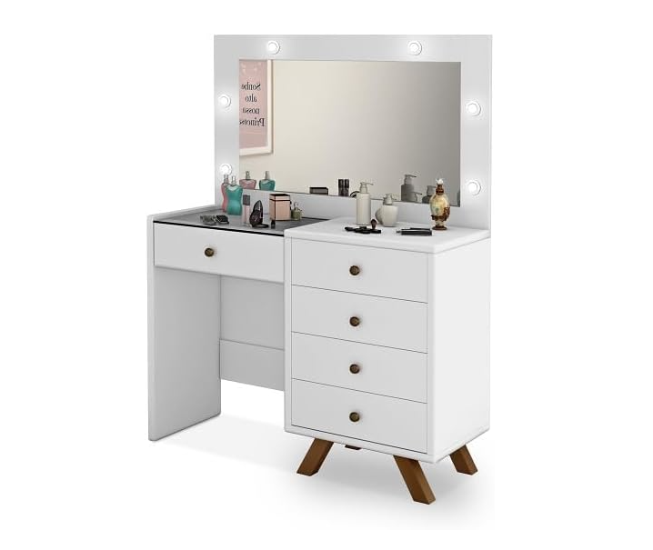 Penteadeira Mel 05 gavetas, iluminação em LED, pés em madeira, colmeia e vidro - Imagem 4