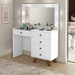 Penteadeira Mel 05 gavetas, iluminação em LED, pés em madeira, colmeia e vidro