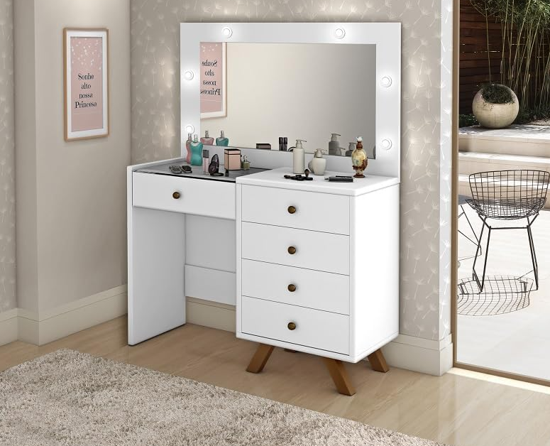 Penteadeira Mel 05 gavetas, iluminação em LED, pés em madeira, colmeia e vidro