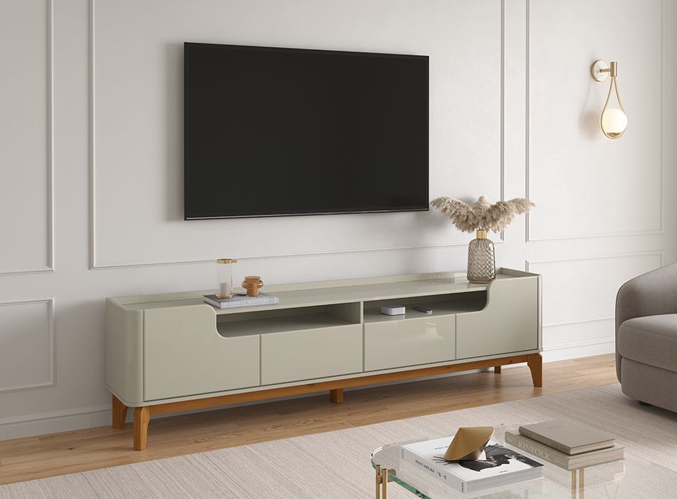 Rack Flip 1.6 para Sala de Estar - 3 Cores com 4 portas pes amadeirado e ninchos