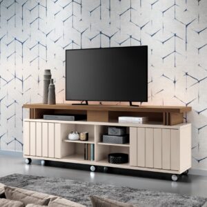 Bancada Briz 1.80 Decorativa para TVs até 70 Polegadas porta de correr Ripada Pés Rodízio 100% MDF