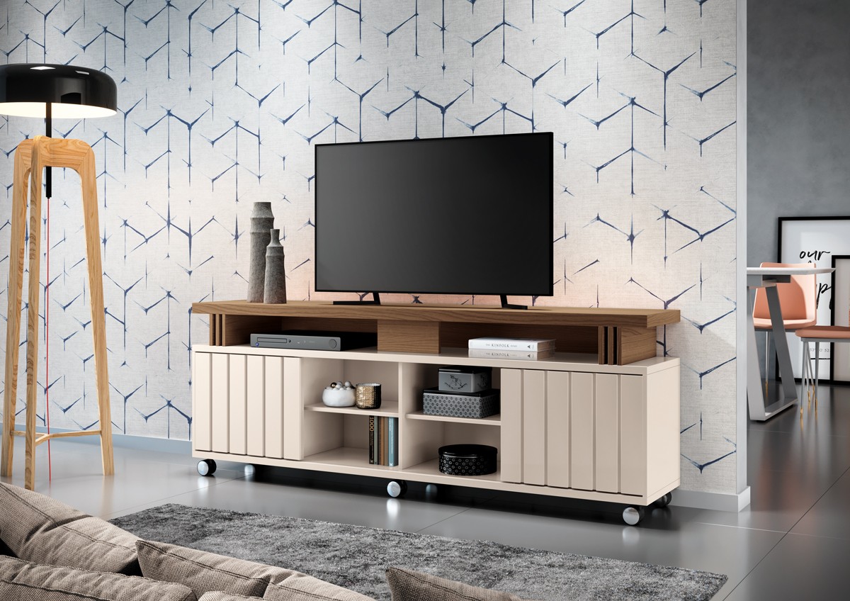 Bancada Briz 1.80 Decorativa para TVs até 70 Polegadas porta de correr Ripada Pés Rodízio 100% MDF