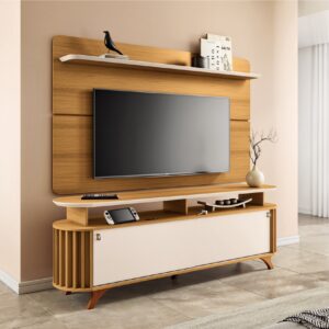 Conjunto Painel Curv 1.80 para TVs até 70 Polegadas e Bancada Alba Ripado Pés Madeira Maciça 100% MDF