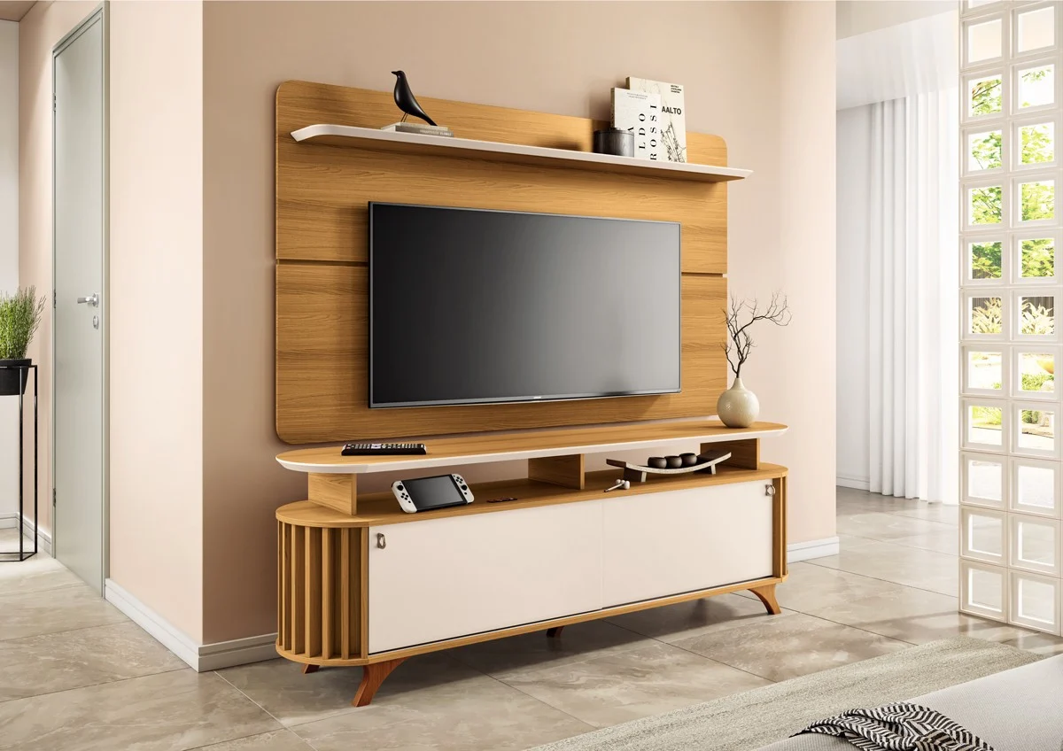 Conjunto Painel Curv 1.80 para TVs até 70 Polegadas e Bancada Alba Ripado Pés Madeira Maciça 100% MDF