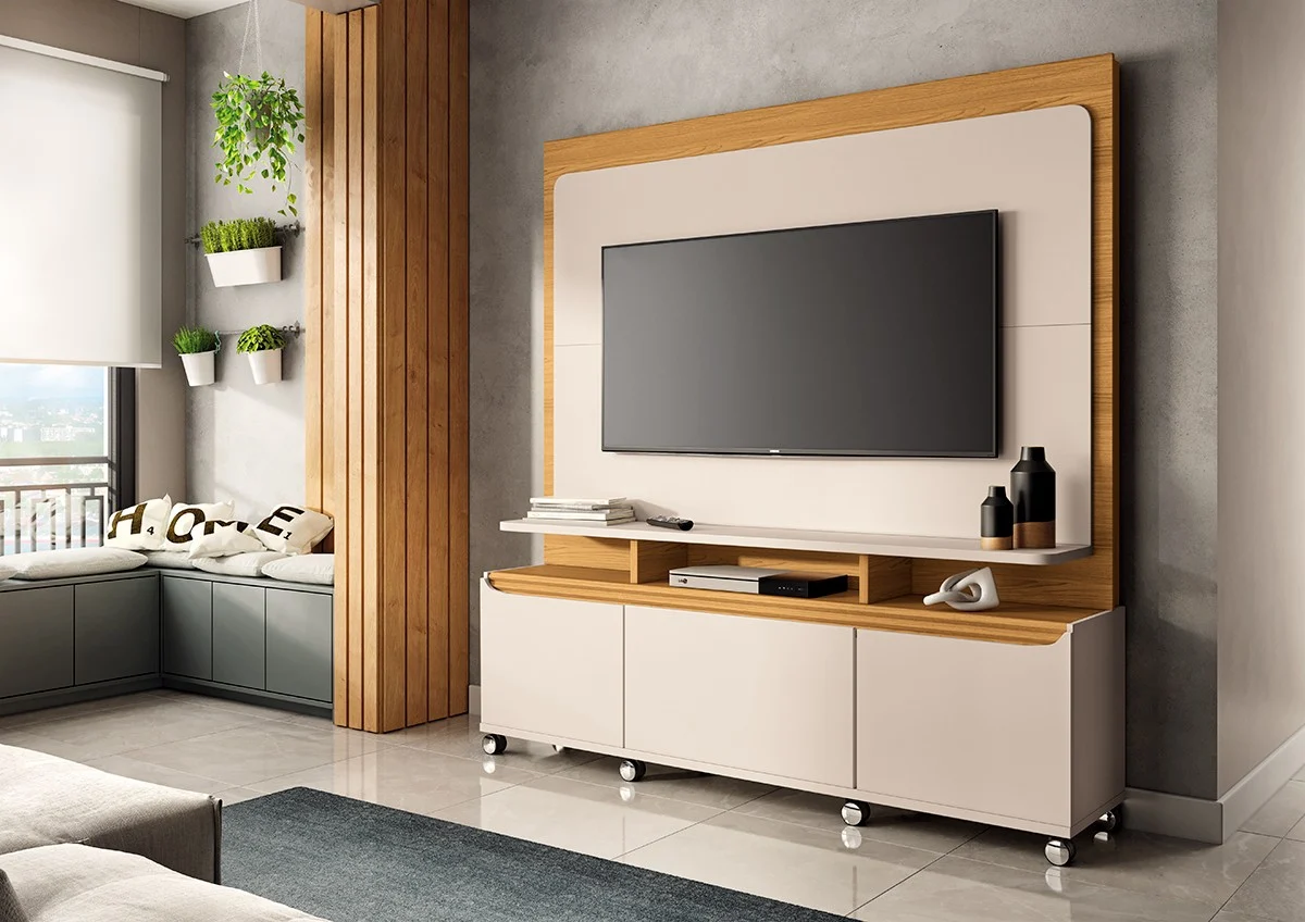 Estante Home Theater 1.70 Quantum para TVs 02 portas 01 gaveta Luminárias Led 100% MDF