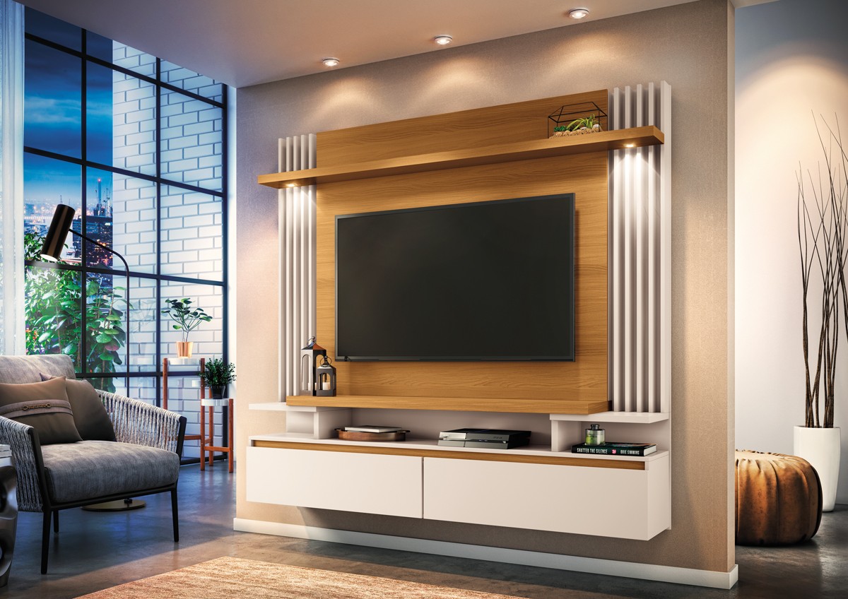 Painel Suspenso Empire 1.36 TVs com Led portas de correr Ripado 100% MDF