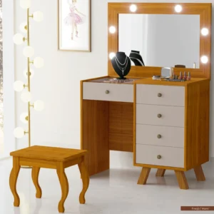 Penteadeira Camarim Luna Espelho 05 gavetas LED Pés de Madeira Maciça 100% MDF