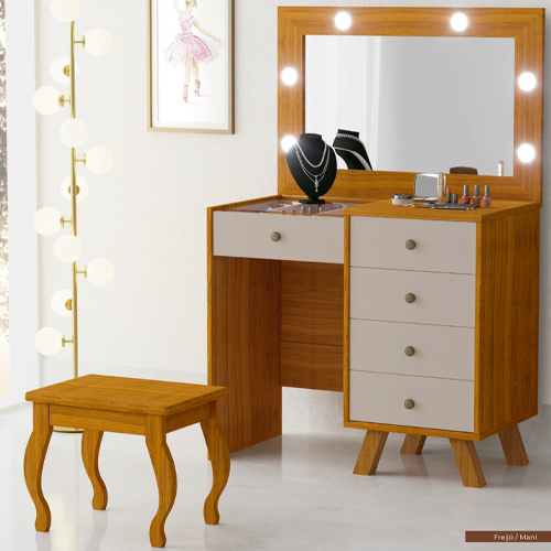 Penteadeira Camarim Luna Espelho 05 gavetas LED Pés de Madeira Maciça 100% MDF
