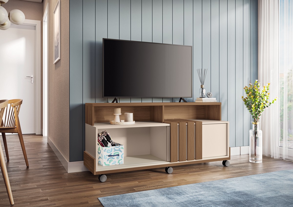 Bancada Briz 1.30 Decorativa para TVs até 50 Polegadas porta de correr Ripada Pés Rodízio 100% MDF - Imagem 2