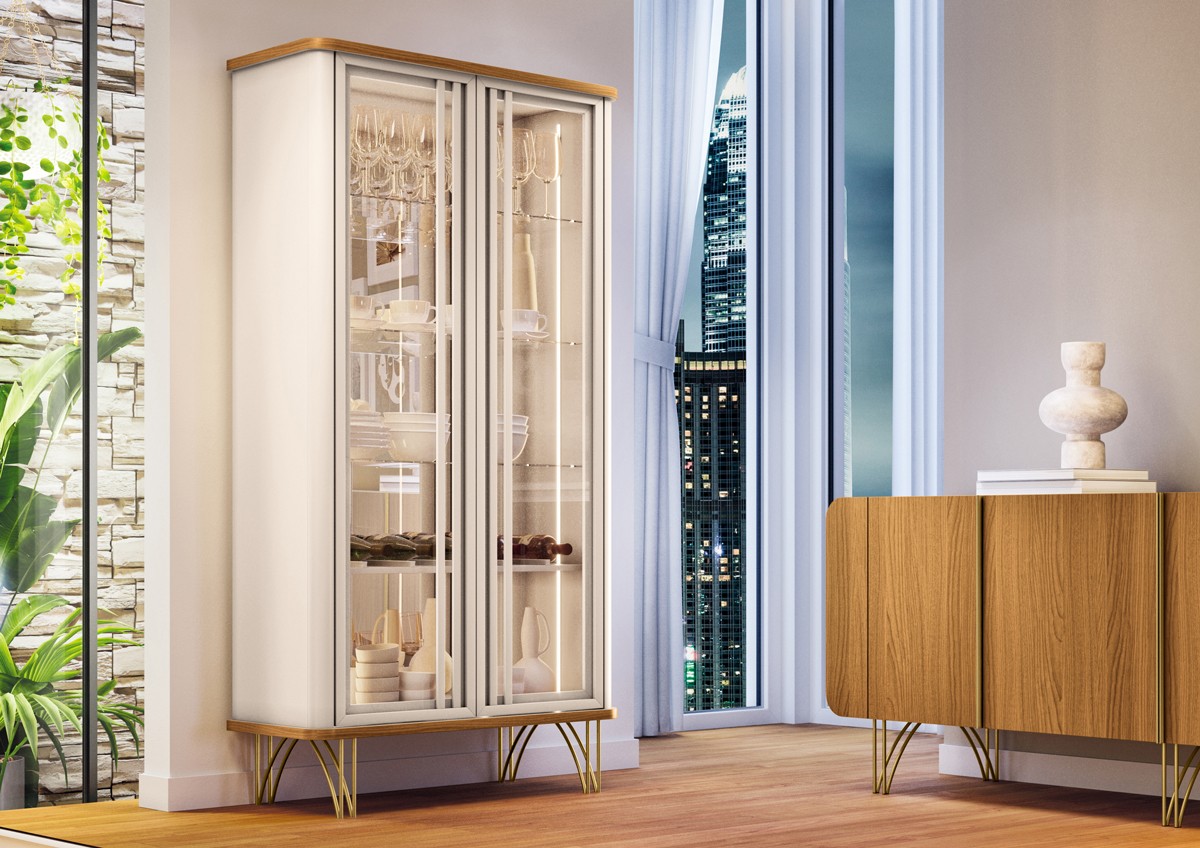 Cristaleira Evorá 1.80 02 portas Pés de Aço Maciço Espelho Led 100% MDF