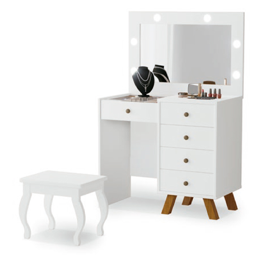 Penteadeira Camarim Luna Espelho 05 gavetas LED Pés de Madeira Maciça 100% MDF - Imagem 3