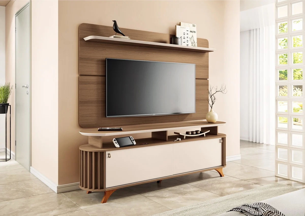Conjunto Painel Curv 1.80 para TVs até 70 Polegadas e Bancada Alba Ripado Pés Madeira Maciça 100% MDF - Imagem 2