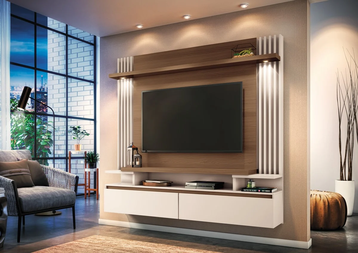 Painel Suspenso Empire 1.36 TVs com Led portas de correr Ripado 100% MDF - Imagem 2