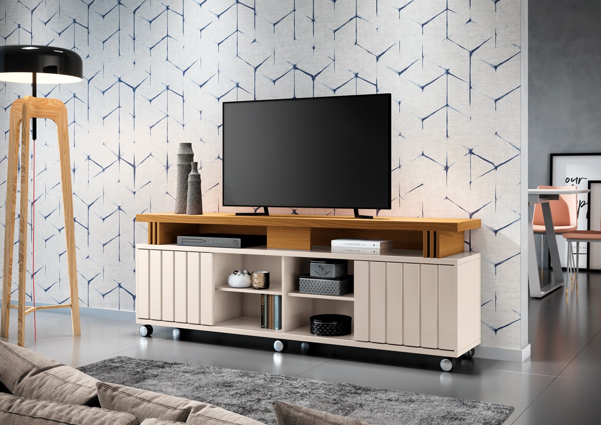 Bancada Briz 1.80 Decorativa para TVs até 70 Polegadas porta de correr Ripada Pés Rodízio 100% MDF - Imagem 3