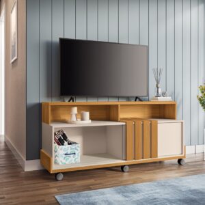 Bancada Briz 1.30 Decorativa para TVs até 50 Polegadas porta de correr Ripada Pés Rodízio 100% MDF