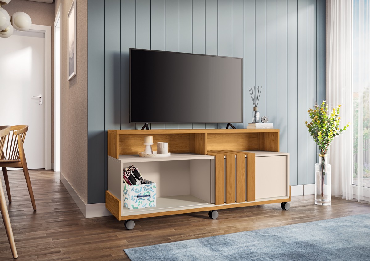 Bancada Briz 1.30 Decorativa para TVs até 50 Polegadas porta de correr Ripada Pés Rodízio 100% MDF