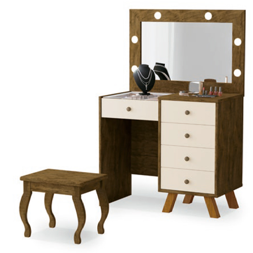 Penteadeira Camarim Luna Espelho 05 gavetas LED Pés de Madeira Maciça 100% MDF - Imagem 4