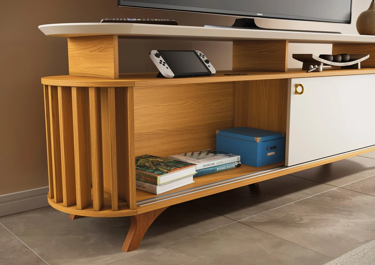 Conjunto Painel Curv 1.80 para TVs até 70 Polegadas e Bancada Alba Ripado Pés Madeira Maciça 100% MDF - Imagem 3