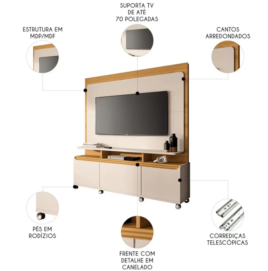 Estante Home Theater 1.70 Quantum para TVs 02 portas 01 gaveta Luminárias Led 100% MDF - Imagem 5