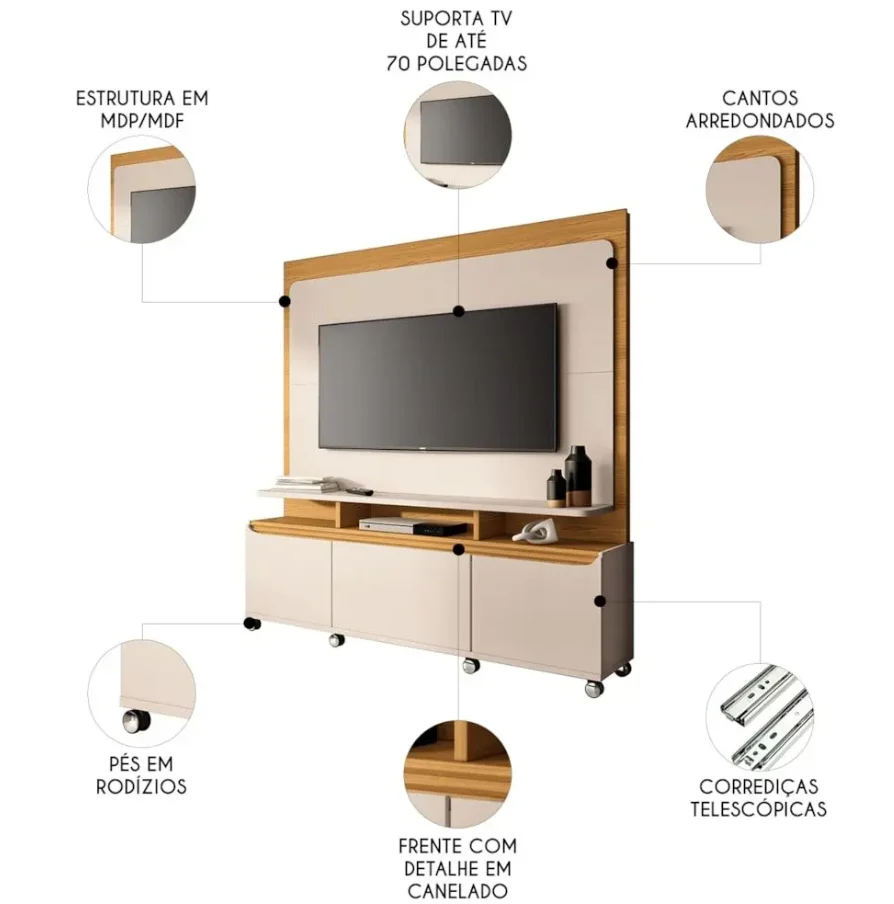 Estante Home Theater 1.70 Quantum para TVs 02 portas 01 gaveta Luminárias Led 100% MDF - Imagem 4