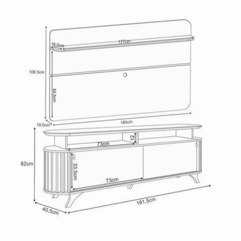 Conjunto Painel Curv 1.80 para TVs até 70 Polegadas e Bancada Alba Ripado Pés Madeira Maciça 100% MDF - Imagem 4