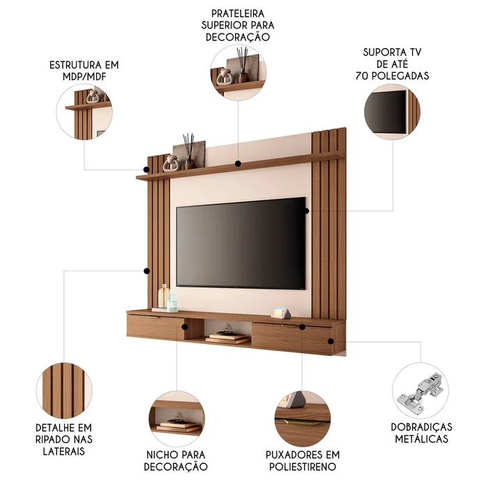 Painel Home Suspenso 1.8 para TV até 55 Polegadas com Fita LED Illusion 100% MDF - Imagem 5