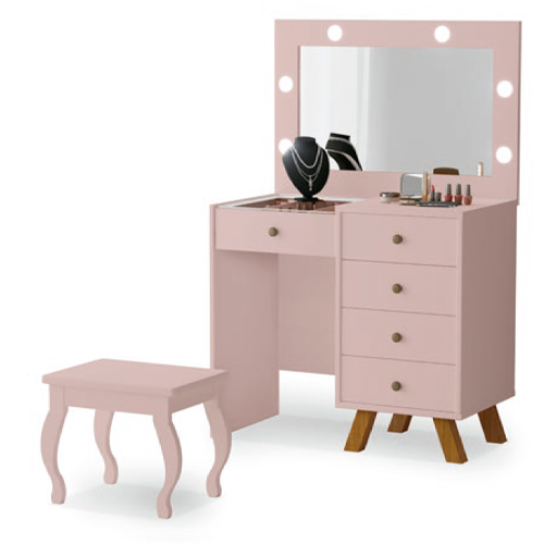 Penteadeira Camarim Luna Espelho 05 gavetas LED Pés de Madeira Maciça 100% MDF - Imagem 5