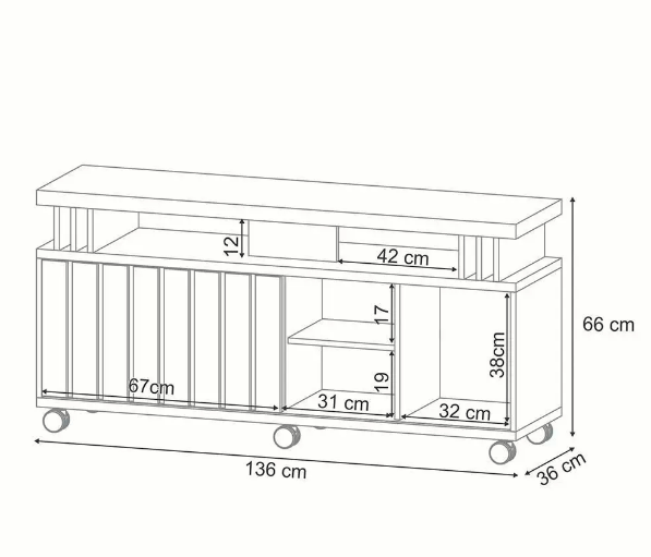 Bancada Briz 1.30 Decorativa para TVs até 50 Polegadas porta de correr Ripada Pés Rodízio 100% MDF - Imagem 5