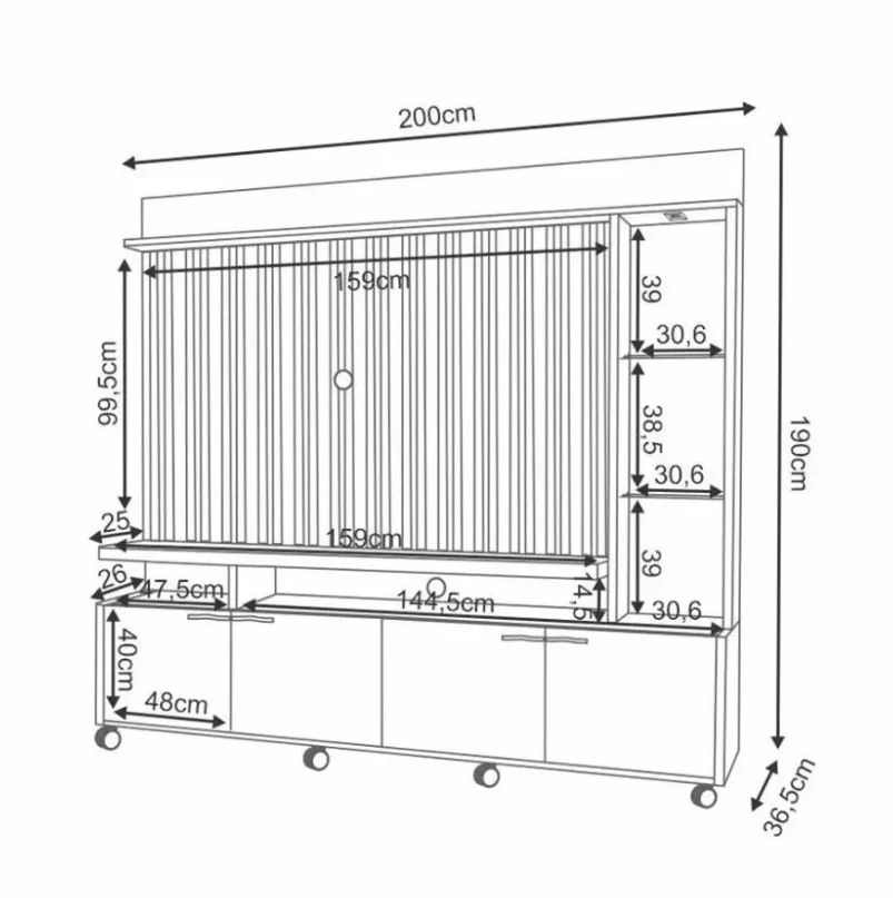 Estante Home 1.59 para TVs até 60 Polegadas Ripado LED 4 Portas Titan 100% MDF - Imagem 3