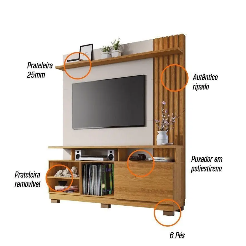 Home Theater Artheo Ripado 160cm Prateleira Nichos 100% MDF - Imagem 6