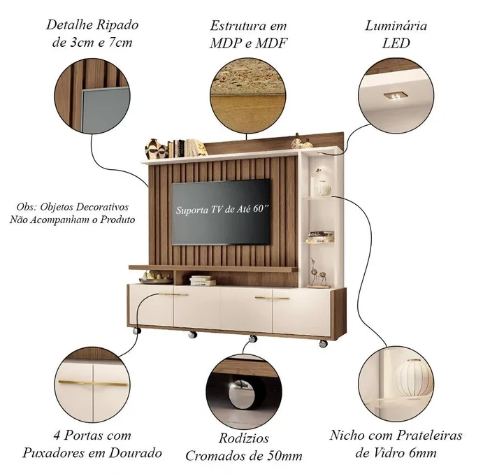Estante Home 1.59 para TVs até 60 Polegadas Ripado LED 4 Portas Titan 100% MDF - Imagem 2