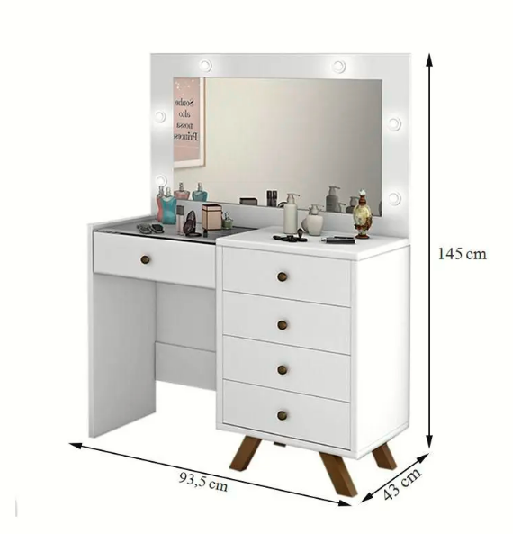 Penteadeira Camarim Luna Espelho 05 gavetas LED Pés de Madeira Maciça 100% MDF - Imagem 7