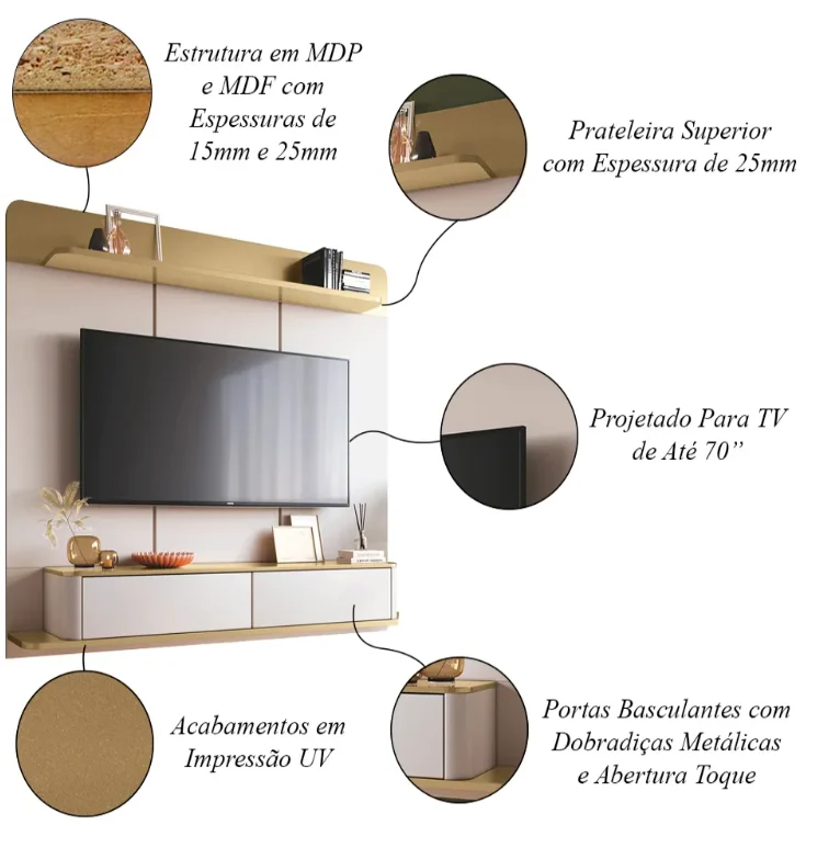 Painel Home Suspenso 1.80 Galax para TVs até 70 Polegadas 02 portas 100% MDF - Imagem 6