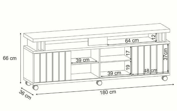 Bancada Briz 1.80 Decorativa para TVs até 70 Polegadas porta de correr Ripada Pés Rodízio 100% MDF - Imagem 5