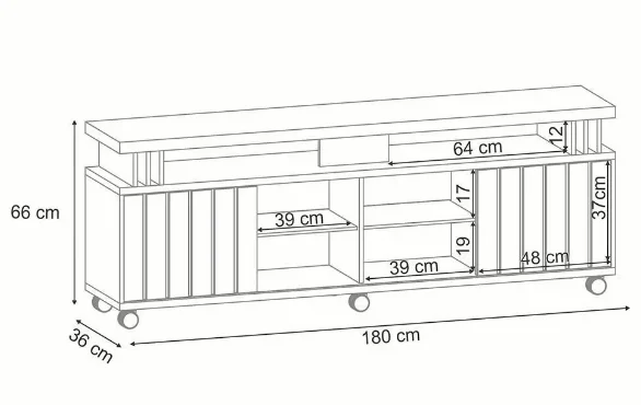 Bancada Briz 1.80 Decorativa para TVs até 70 Polegadas porta de correr Ripada Pés Rodízio 100% MDF - Imagem 4