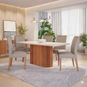 Conjunto de Mesa Julieta Retangular 1.60 com Tampo de MDF Cinamomo / off white com vidro e 6 Cadeiras Juliana
