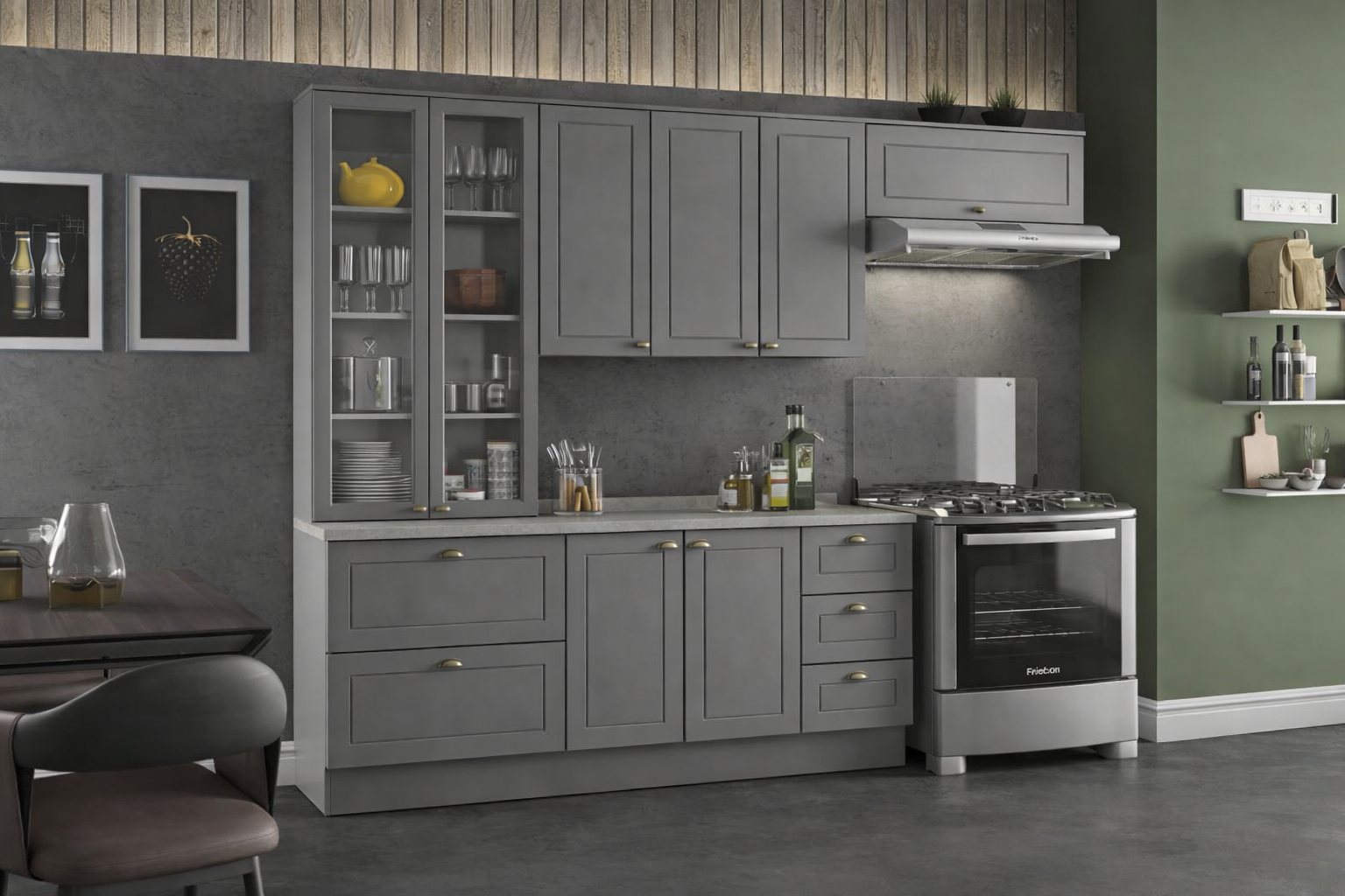 Cozinha com cristaleira de 2 portas de vidro aéreo com 3 portas de giro aéreo com 1 porta basculante módulo inferior com 2 portas módulo com 2 gavetões módulo com 3 gavetas. - Imagem 4