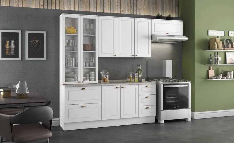 Cozinha com cristaleira de 2 portas de vidro aéreo com 3 portas de giro aéreo com 1 porta basculante módulo inferior com 2 portas módulo com 2 gavetões módulo com 3 gavetas.