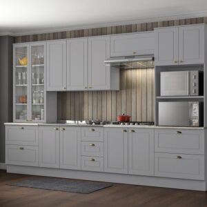 Cozinha com torre quente aéreo com portas de giro aéreo com 1 porta basculante cristaleira com 2 portas de vidro módulo inferior com 4 portas de giro 4 gavetões e 3 gavetas.