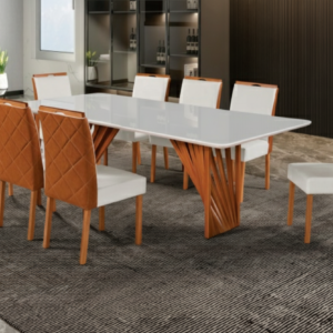 Conjunto Sala de Estar Mesa Barcelona Madeira Maciça Com Cadeiras estofadas Bella